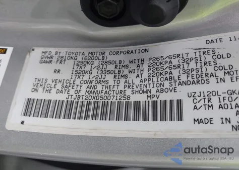 2005 Lexus Gx 470 z USA, uszkodzony, nr VIN JTJBT20X050071258